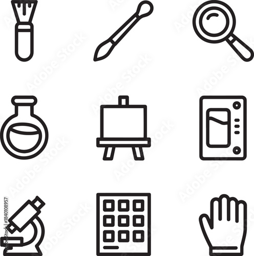 Artistic tools and scientific equipment icons set depicting various instruments