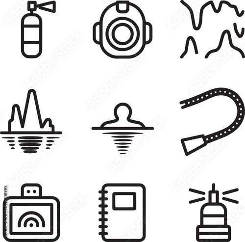 Diving, underwater exploration equipment, and natural cave formations thin line icon set