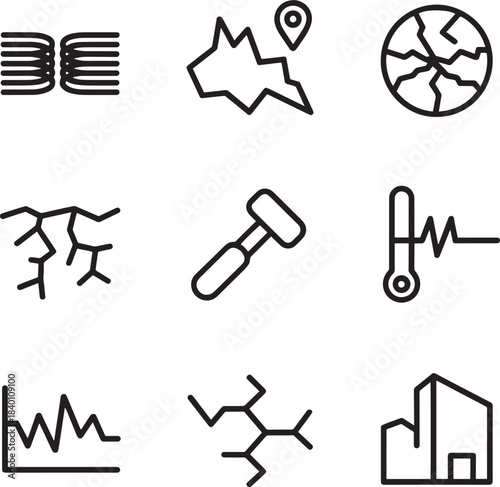Geology, earthquake, and earth science related thin line icons set
