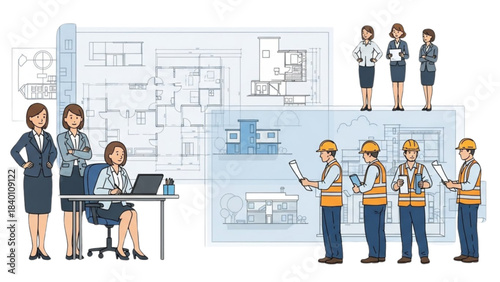 Illustration of a construction team's project development meeting