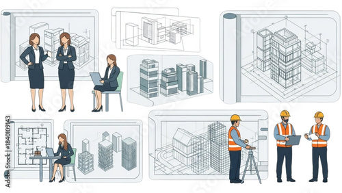 Architects and Engineers Planning Urban Development Project Illustrations Set