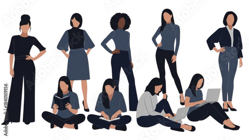 Illustration of a diverse group of modern women working and studying together