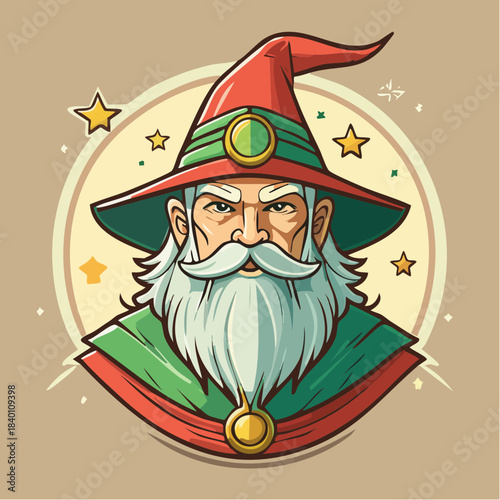 Illustration of a wizard with a red and green hat and a long white beard, surrounded by stars and a circular frame.