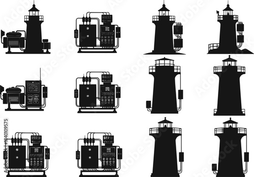 Silhouette lighthouse and industrial control panel icons, nautical and mechanical infrastructure illustration set, flat vector
