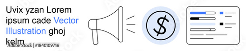Marketing, advertising, public relations, finance, communication, business strategy. Megaphone emitting sound waves, dollar sign and document with financial details. Marketing and advertising