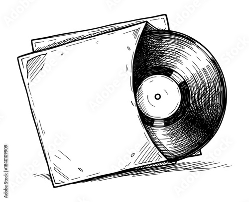 Vinyl Record Partially out of Sleeve. Hand Drawn Ink Illustration with Sketch and Cross-Hatching Details.