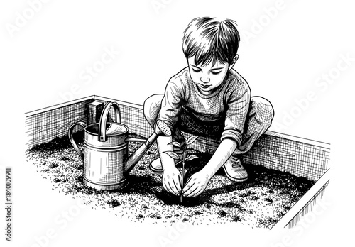 Child Planting Seedling in Garden Bed. Hand Drawn Ink Illustration with Detailed Crosshatching Style.