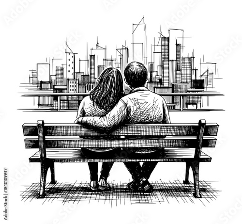 Couple on Bench Looking at City Skyline. Hand Drawn Ink and Crosshatch Sketch in Black and White.