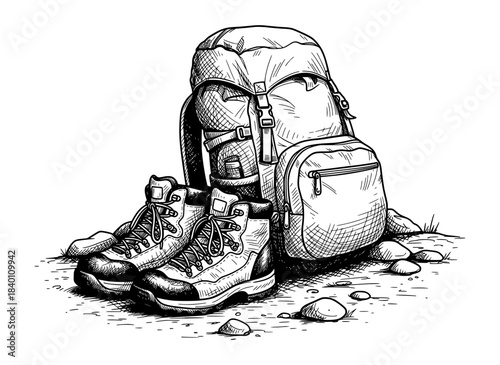 Backpack and Hiking Boots on Rocky Ground. Hand Drawn Ink Sketch Illustration in Vintage Style.