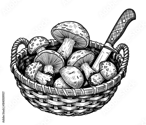 Basket of Mushrooms with Knife. Hand Drawn Ink Illustration in Vintage Style.