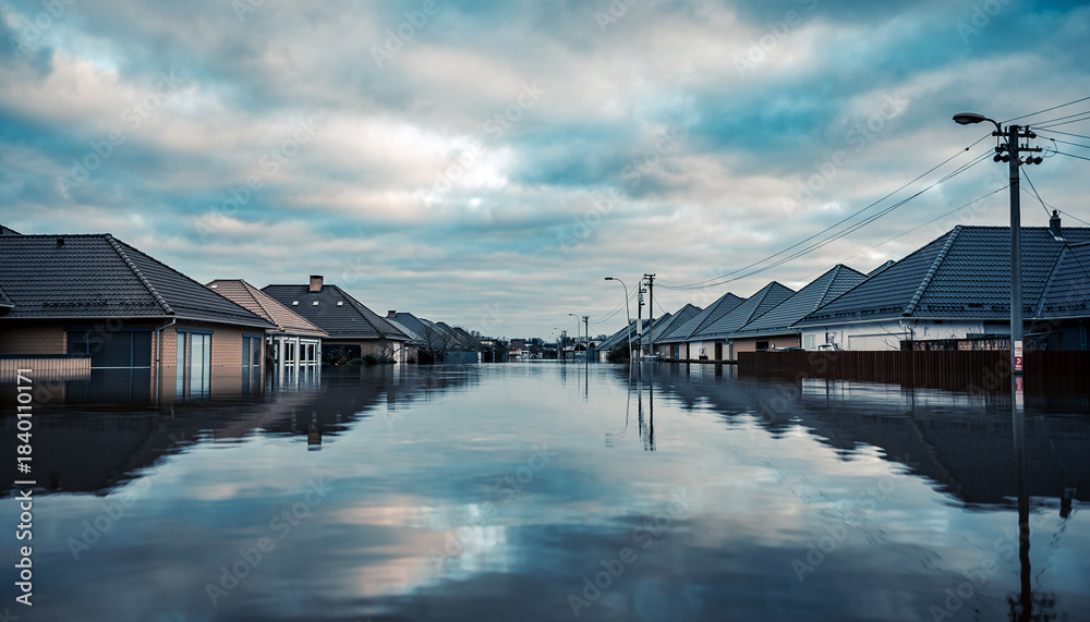 Obraz premium Flooded Residential Street with Rooftops Above Water Under Cloudy Sky
