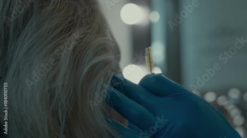 A professional eyebrow artist carefully shapes a woman's brows