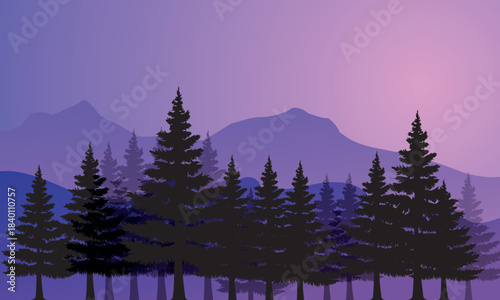 Silhouette of pine trees and mountains against a twilight sky gradient in purple and pink hues with blue accents
