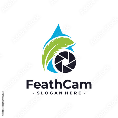 Feather Camera logo design template. Feather icon with camera lens combination. Concept of bird animal wildlife photography, capture, entertainment, media, etc.