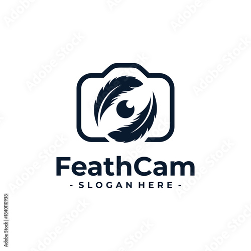 Feather Camera logo design template. Feather icon with camera lens combination. Concept of bird animal wildlife photography, capture, entertainment, media, etc.