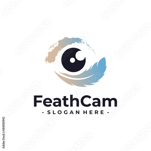 Feather Camera logo design template. Feather icon with camera lens combination. Concept of bird animal wildlife photography, capture, entertainment, media, etc.