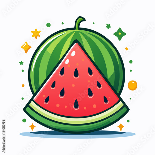 Cartoon illustration of a watermelon slice in front of a whole watermelon with sparkles.