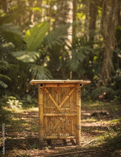 Rustic Bamboo Bar Counter in a Sun-Dappled Tropical Forest
