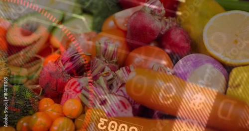 HUD overlays starting on frame one, sliding, rotating, pulsing over produce, showing freshness data