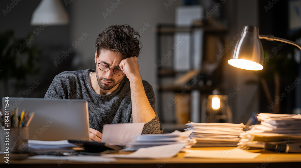 Obraz premium Man Worried While Doing Taxes at Home.