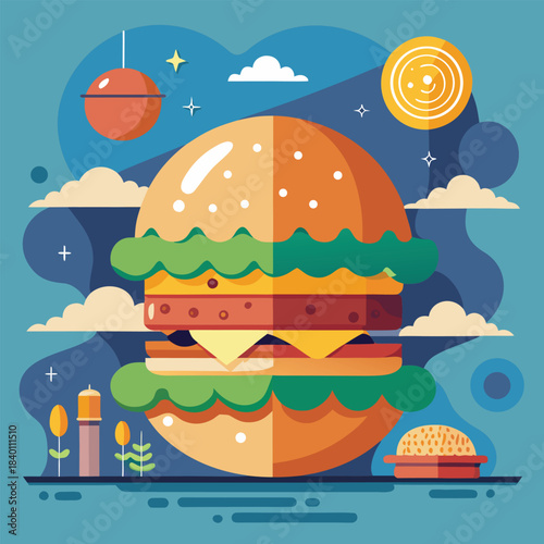 Burger street food hunger thoughts delicious snack colorful vector artwork