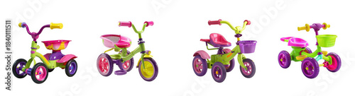 Colorful childrens tricycles and rideon toys arranged in a row with vibrant designs isolated on transparent background