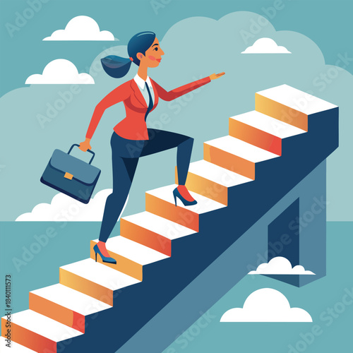 Business lady climbing stairs female character motivation colorful vector