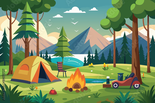 Camping in the forest serene nature stay colorful vector artwork