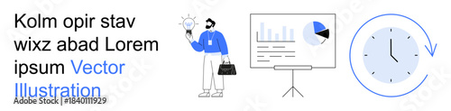 Business strategy, innovation, time planning, analytics, project management, productivity. Person holding lightbulb near data chart, clock icon. Business strategy and innovation concepts