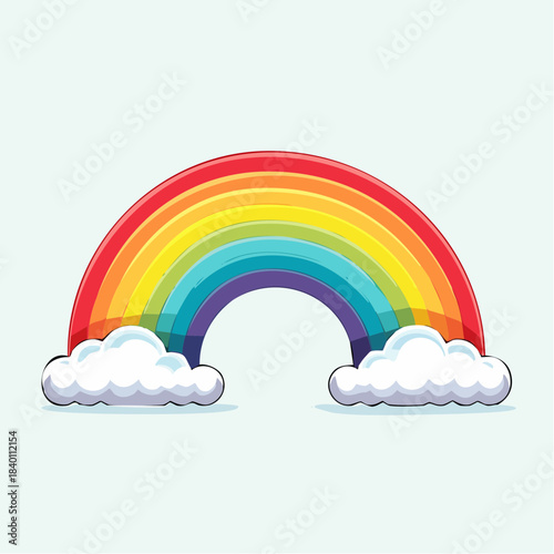Cartoon rainbow with clouds on both ends against a light blue background.