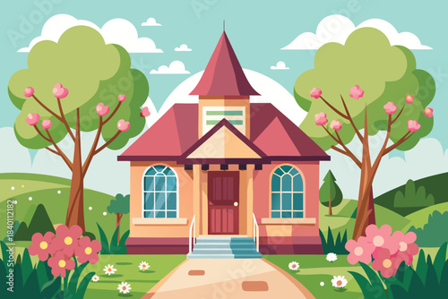 Charming spring house floral seasonal delightful colorful vector artwork