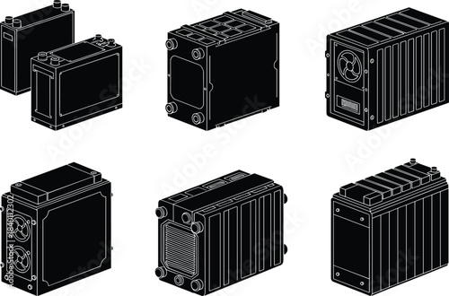 Silhouette set of industrial battery modules, power units, connectors, vents, casing designs, energy systems, flat vector