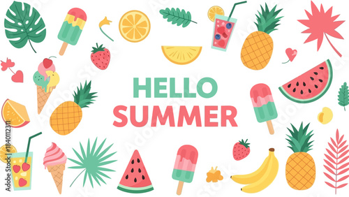 Hello Summer Tropical Illustration – Colorful Seasonal Fruit and Ice Cream Design
