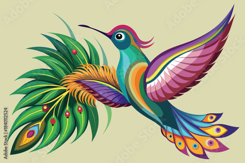 Colorful hummingbird with peacock feather graceful vibrant exotic vector artwork