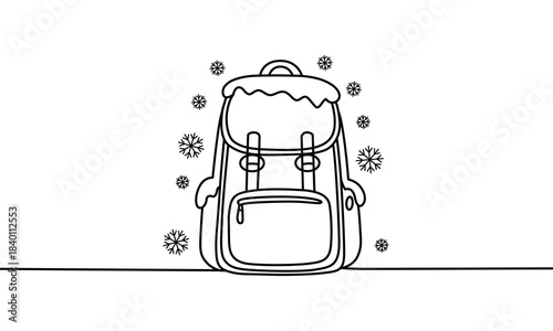 Winter travel backpack line art illustration with snow and snowflakes falling around ready for cold adventures