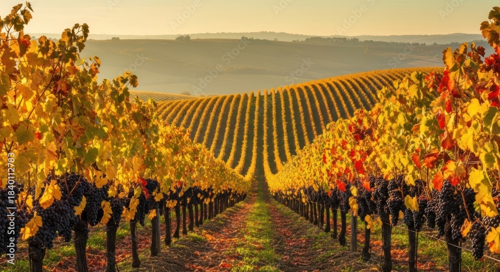 Naklejka premium Vineyard landscape with colorful grapevines at sunset during autumn season