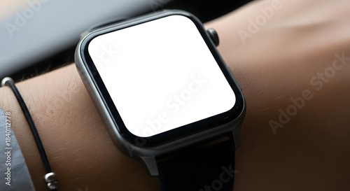 Close up of a modern smartwatch on a wrist with a blank white screen for digital display or mockup design