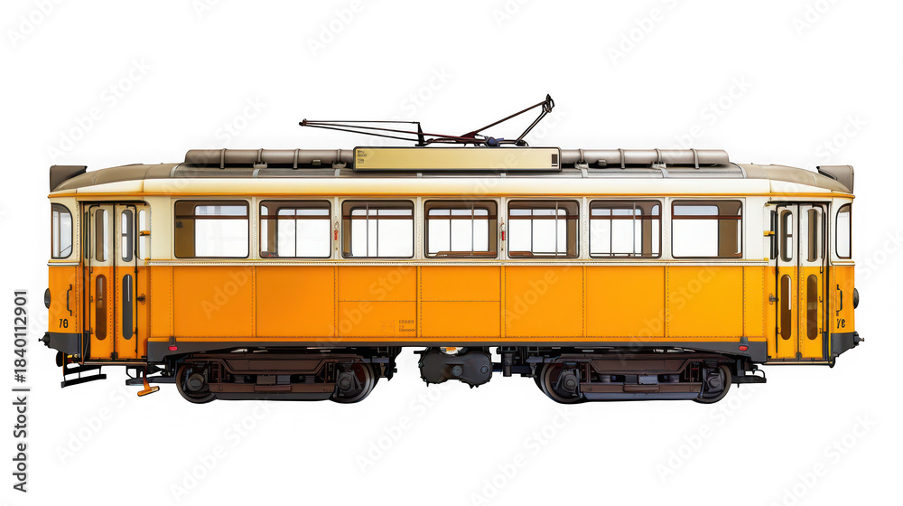 Fototapeta premium Yellow vintage tram with windows and overhead electrical line isolated on transparent background