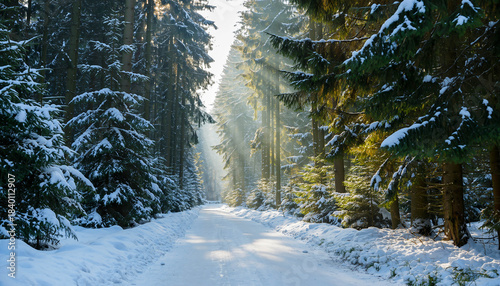 Snow-Covered Forest Path with Sunlight Filtering Through Evergreen Trees – Serene Winter Nature Landscape


