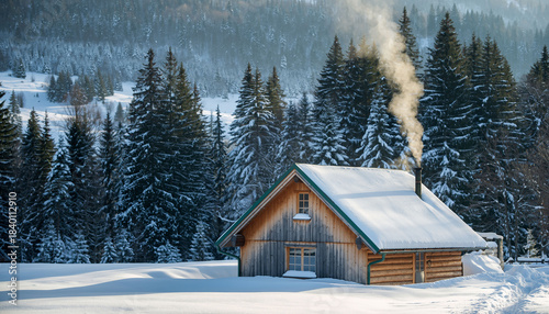 Cozy Wooden Log Cabin with Smoke in Snowy Pine Forest