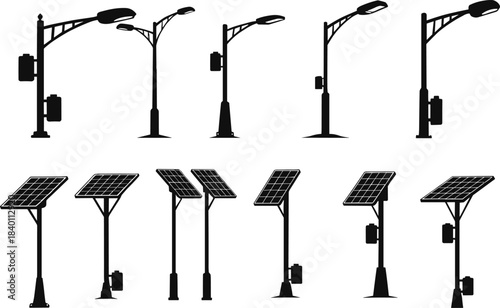 Silhouette solar street lights, renewable energy poles, urban infrastructure, solar panel systems, battery units, flat vector