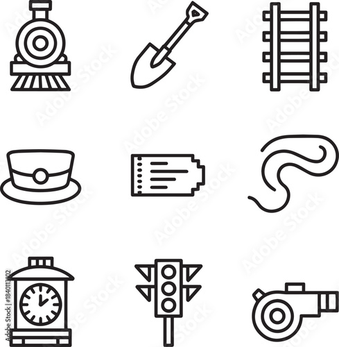 Railroad and train transportation outline icons collection with various elements and tools