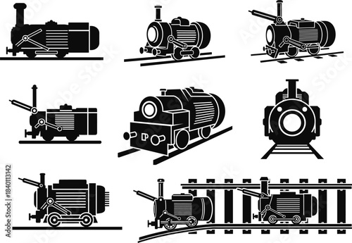 Silhouette steam locomotives, vintage train engines, railway transport, mechanical components, historical vehicles, engineering design, flat vector