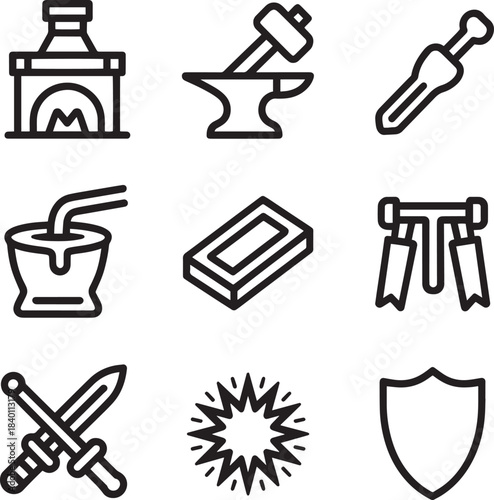 Set of blacksmith tools and medieval warfare outline icons for historical craft designs
