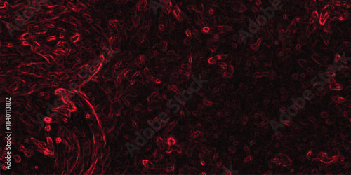 Dark red abstract background with swirling organic fibrous textures and glowing circular elements, microscopic biological or geological formation