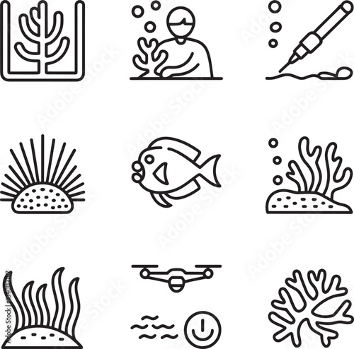 Set of coral reef and marine biology outline icons for ocean life and aquatic research