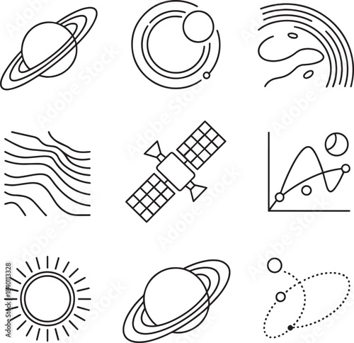 Set of space and astronomy linear icons including planets satellite sun and orbital paths