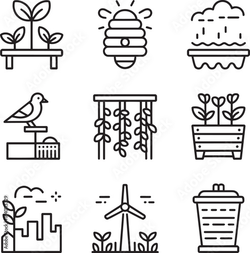 Smart farming and sustainable agriculture line icons for modern farm management and ecology design