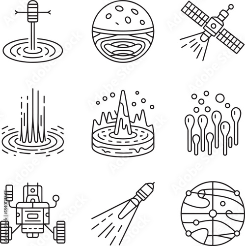 Space exploration line icons set. Includes radar, jupiter planet, satellite and geyser
