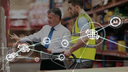 Manager scanning clipboard and pointing, worker at jack in warehouse, network HUD guiding picks